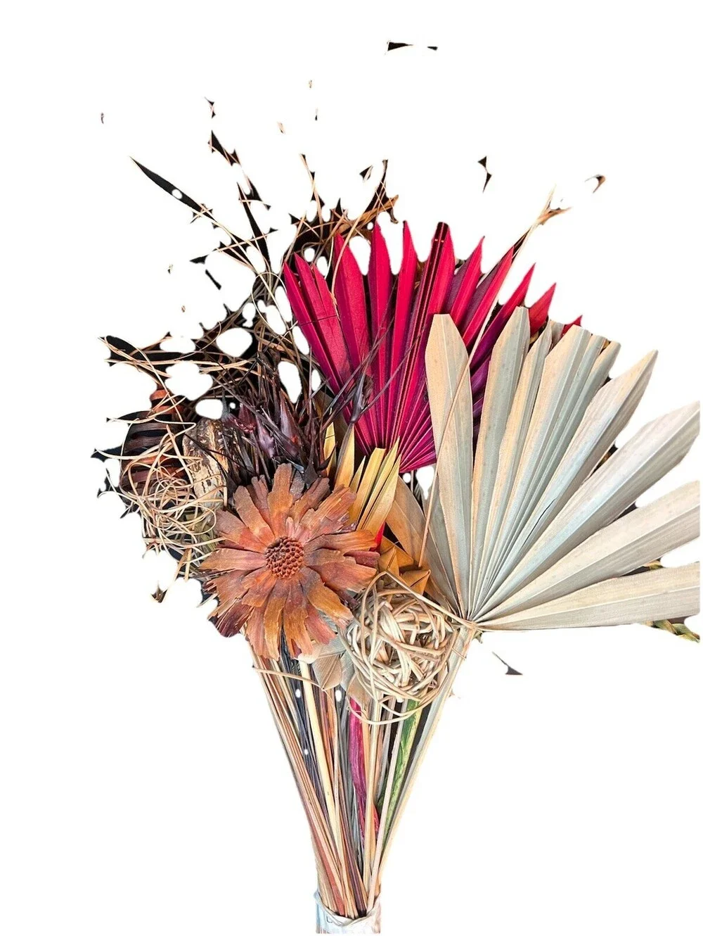 Large dried flowers dried palm spear and tropical bouquet with burgundy accents